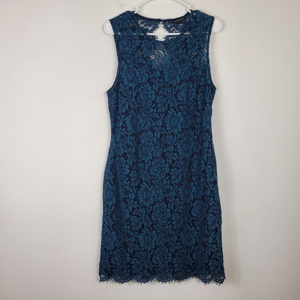 Banana Republic Floral Lace Dress Womens 12 Teal Blue Open Back Sleeveless